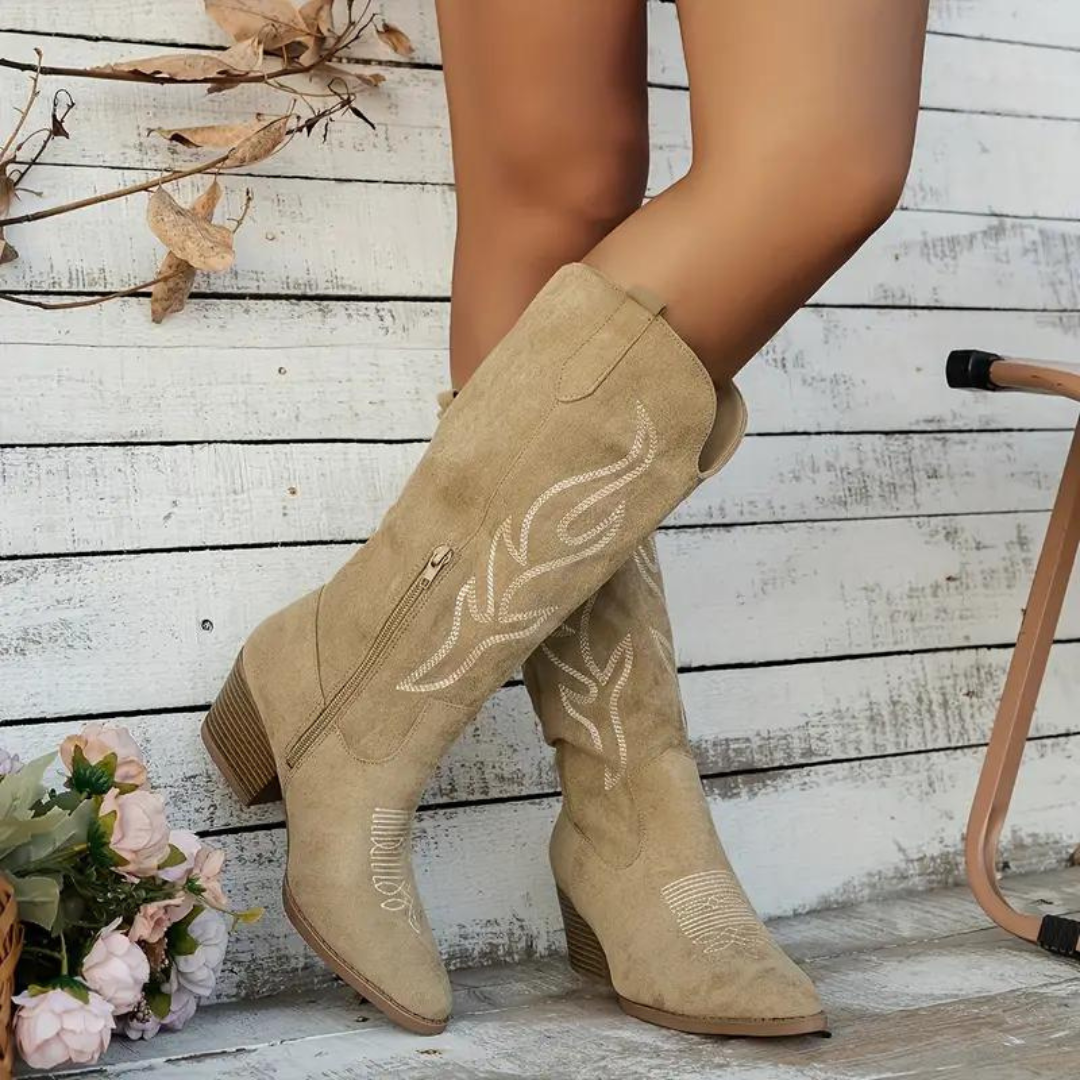 Women's Western Knee-High Cowboy Boots with Embroidered Detail and Block Heel