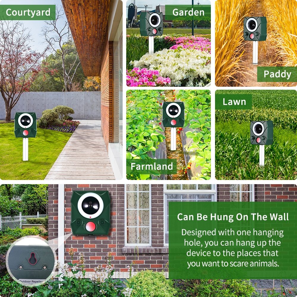 Zonne-energie Ultrasone Dierenverjager – Bewegingssensor | Waterdicht IP66 | USB & Zonnepaneel | Tot 9M Bereik | Voor Tuin, Gazon, Boerderij