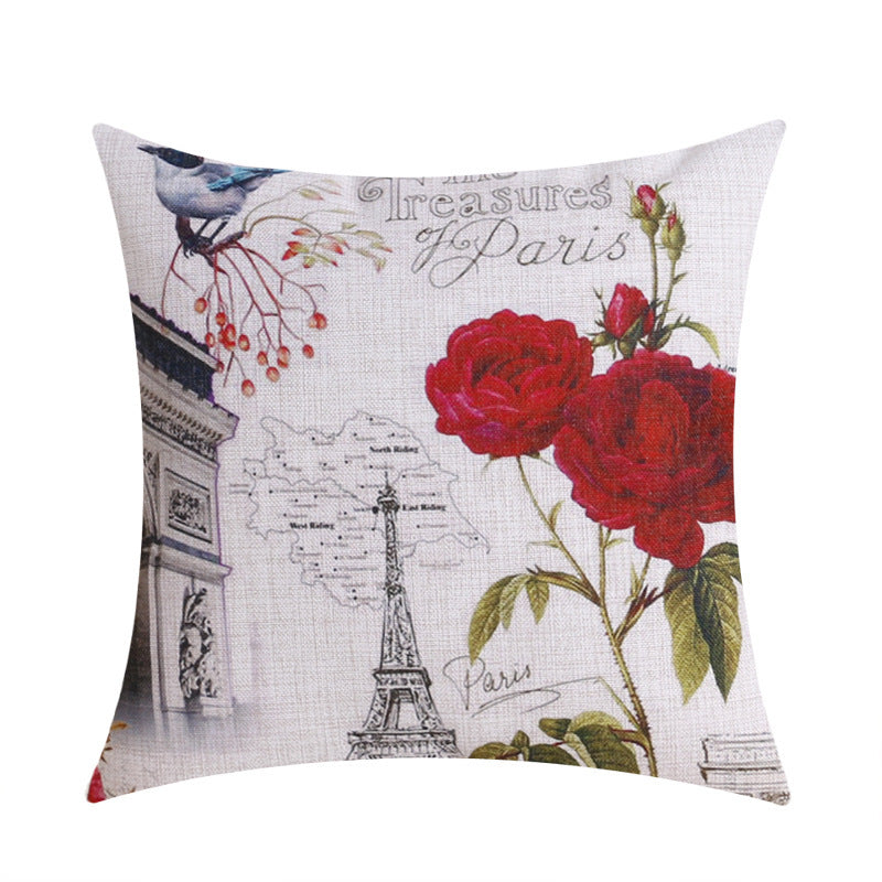 Odette – Retro Decoratieve Kussenhoes met Parijs Eiffel Toren en Bloemen