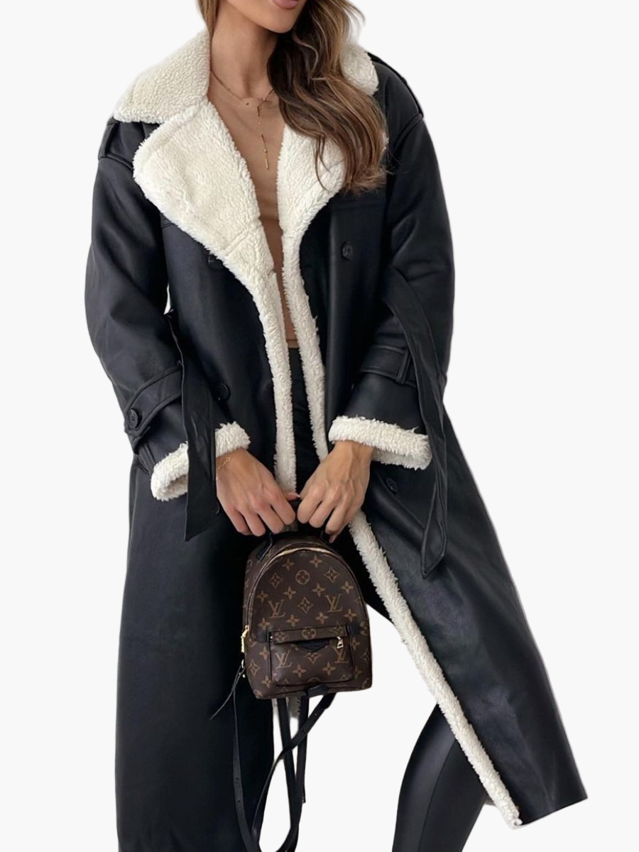 Women's Elegant Double-Breasted Long Coat with Faux Fur Collar – Chic Winter Outerwear