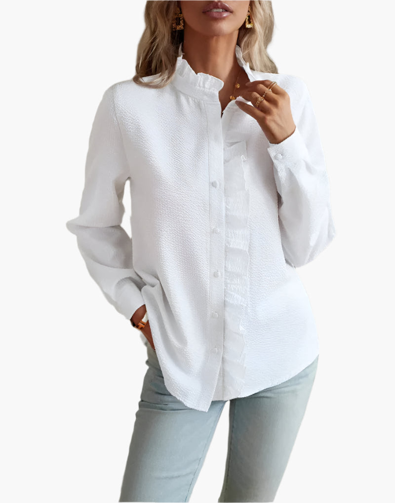 Women's Ruffle Button-Down Casual Shirt – Elegant Everyday Blouse