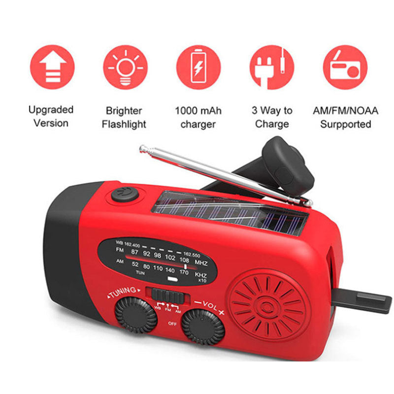 Zonne-oplaadbare Noodradio met Zaklamp – USB, Dynamo, LED Verlichting – Rood