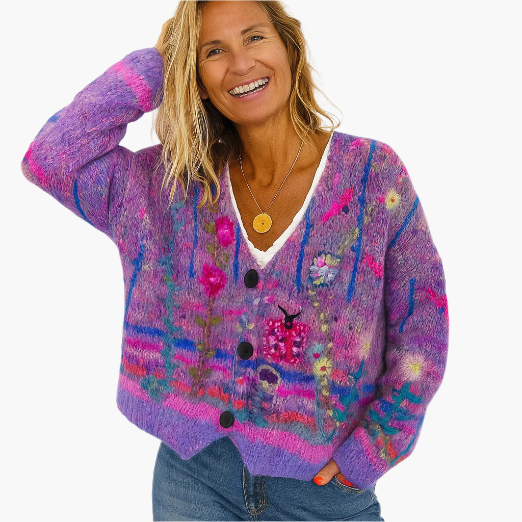 Women's Artistic Boho Knit Cardigan Sweater - Casual Colorful Button-Front Style