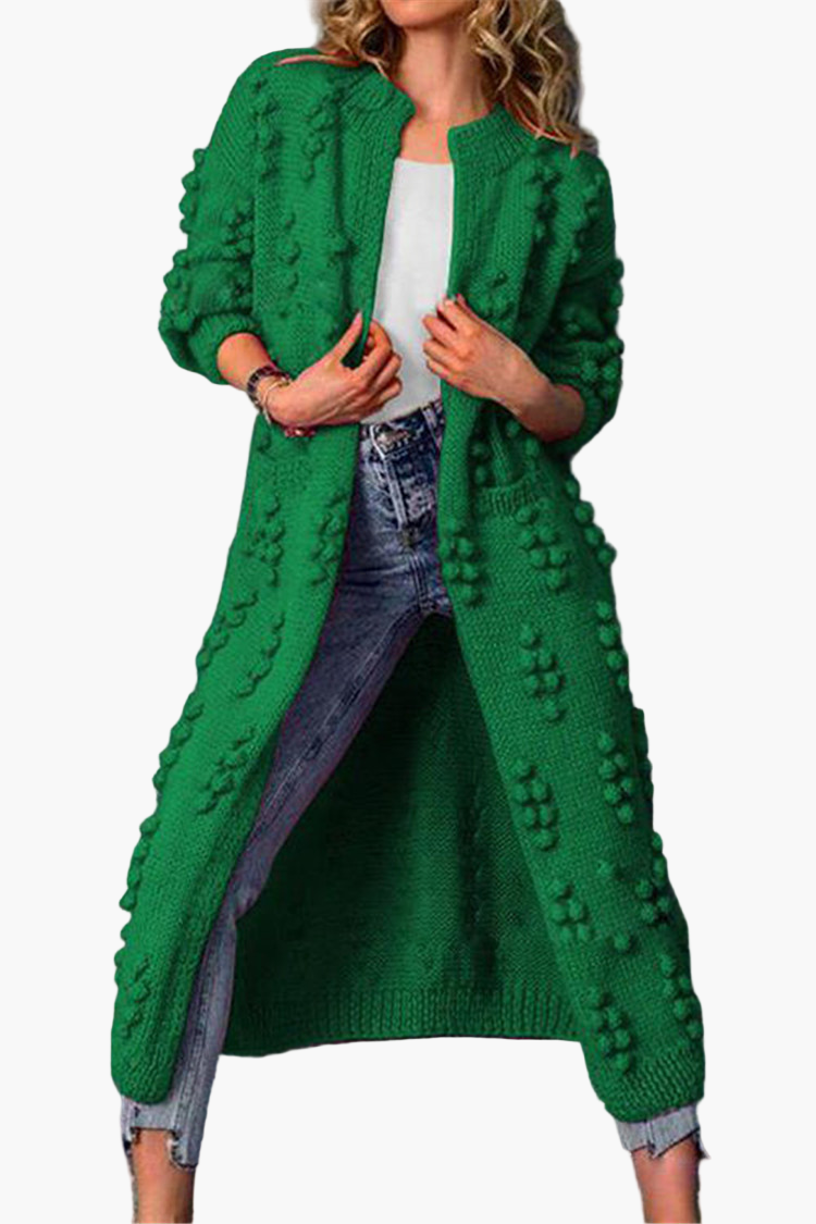 Women's Long Chunky Knit Cardigan with Pom Pom Detail - Casual Open Front Duster
