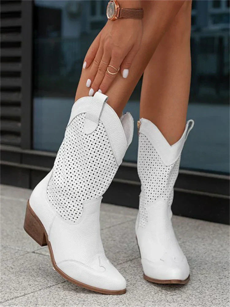 Women's Western Cowboy Boots with Zipper – Trendy Perforated Tall Boots for Casual and Stylish Looks