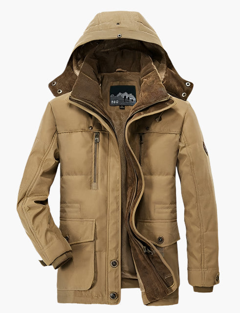 Men's Outdoor Winter Parka Jacket with Detachable Hood and Fleece Lining