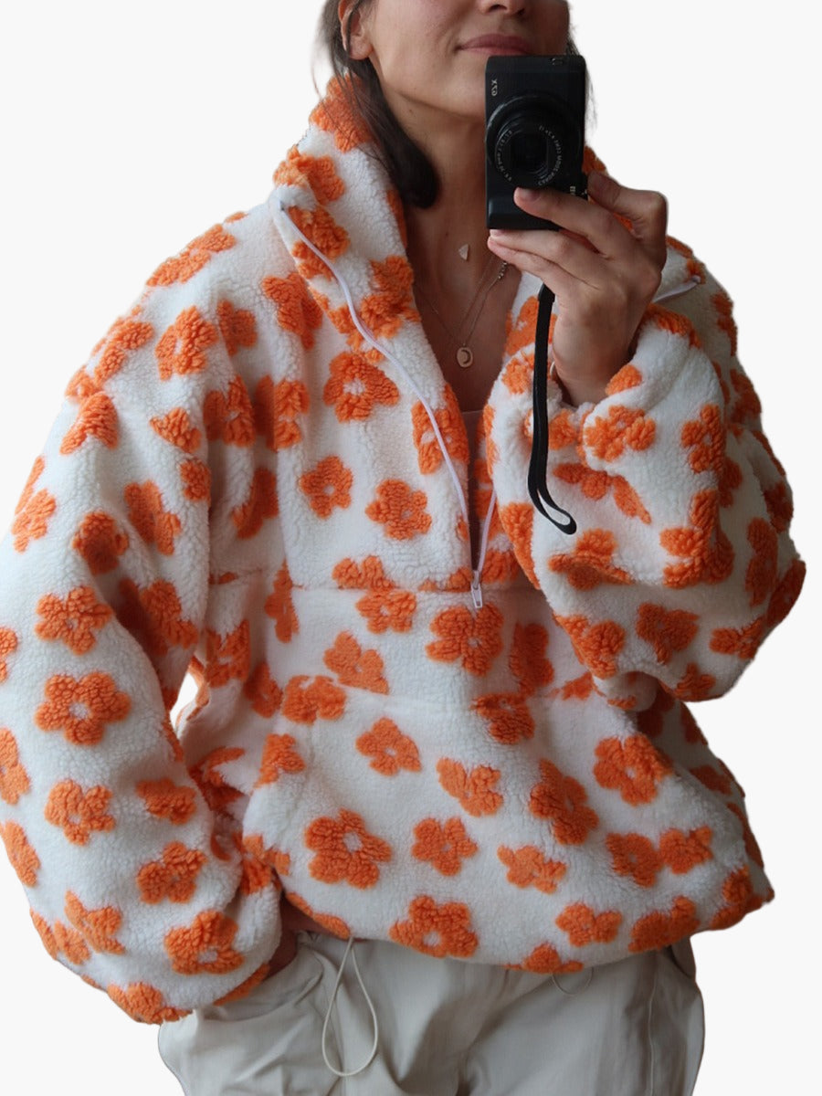 Women's Cozy Boho Floral Fleece Pullover – Casual Relaxed Fit Sweater