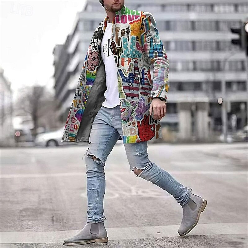 Men's Graphic Print Longline Fashion Coat – Statement Urban Streetwear