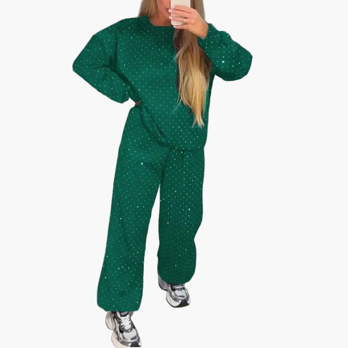 Women's Relaxed Fit Diamond Studded Lounge Set – Trendy Two Piece Tracksuit for Casual & Streetwear