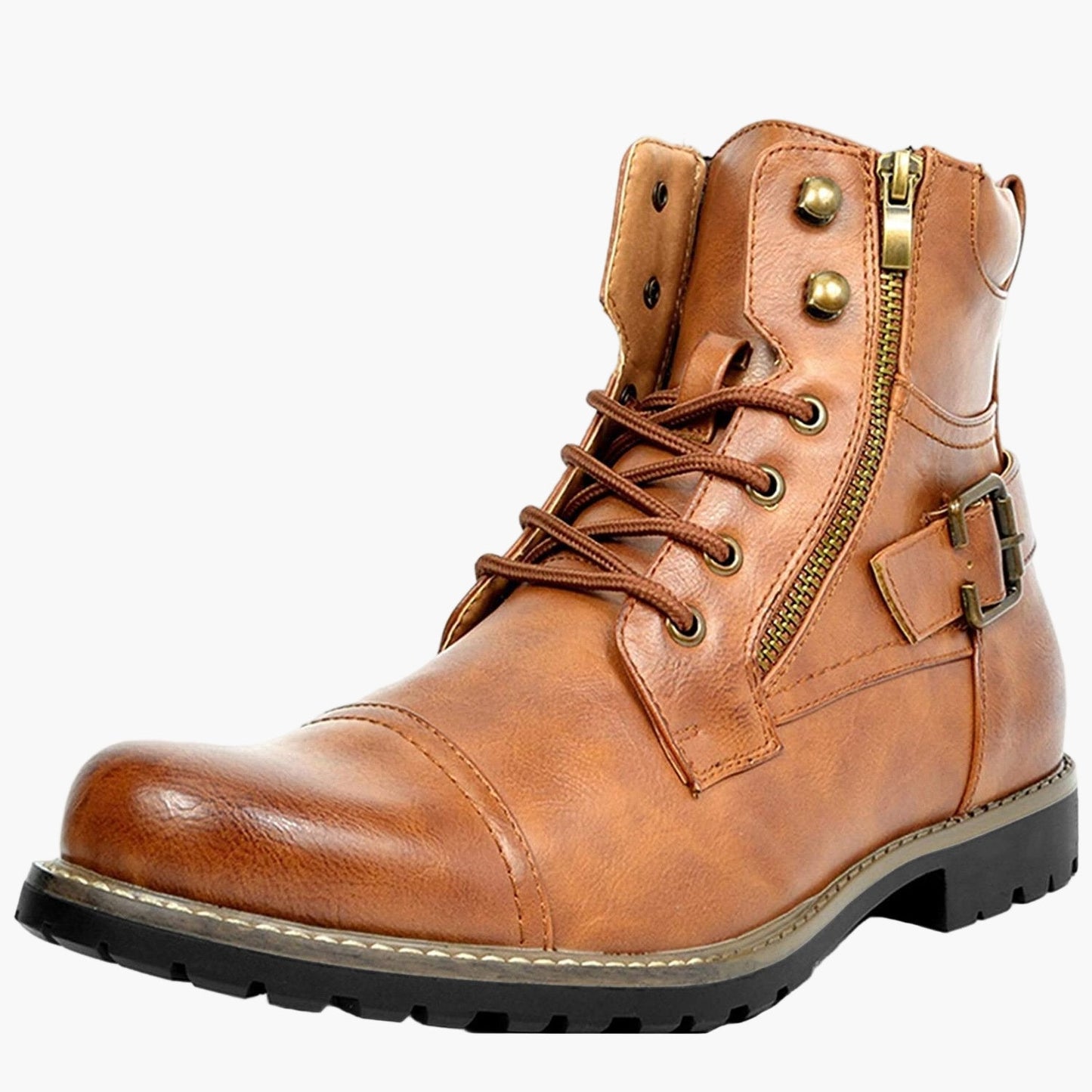 Men's Motorcycle Combat Ankle Boots - Urban Biker Style with Side Zipper and Buckle