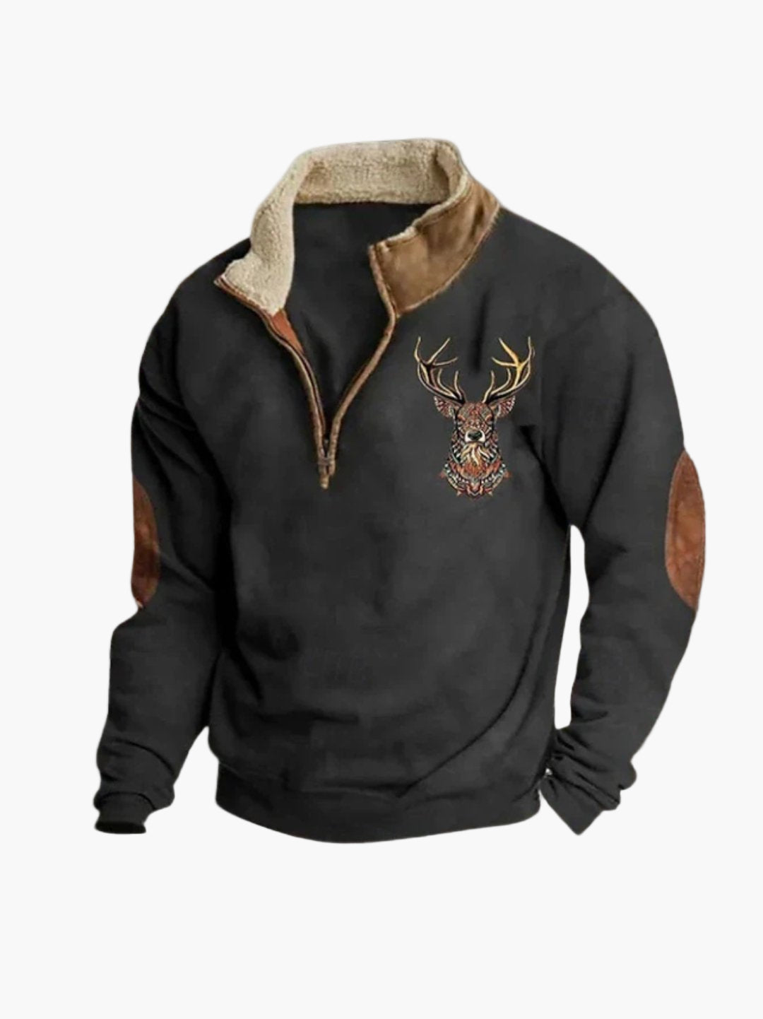 Men's Quarter Zip Cozy Pullover with Deer Embroidery – Casual Outdoor Style