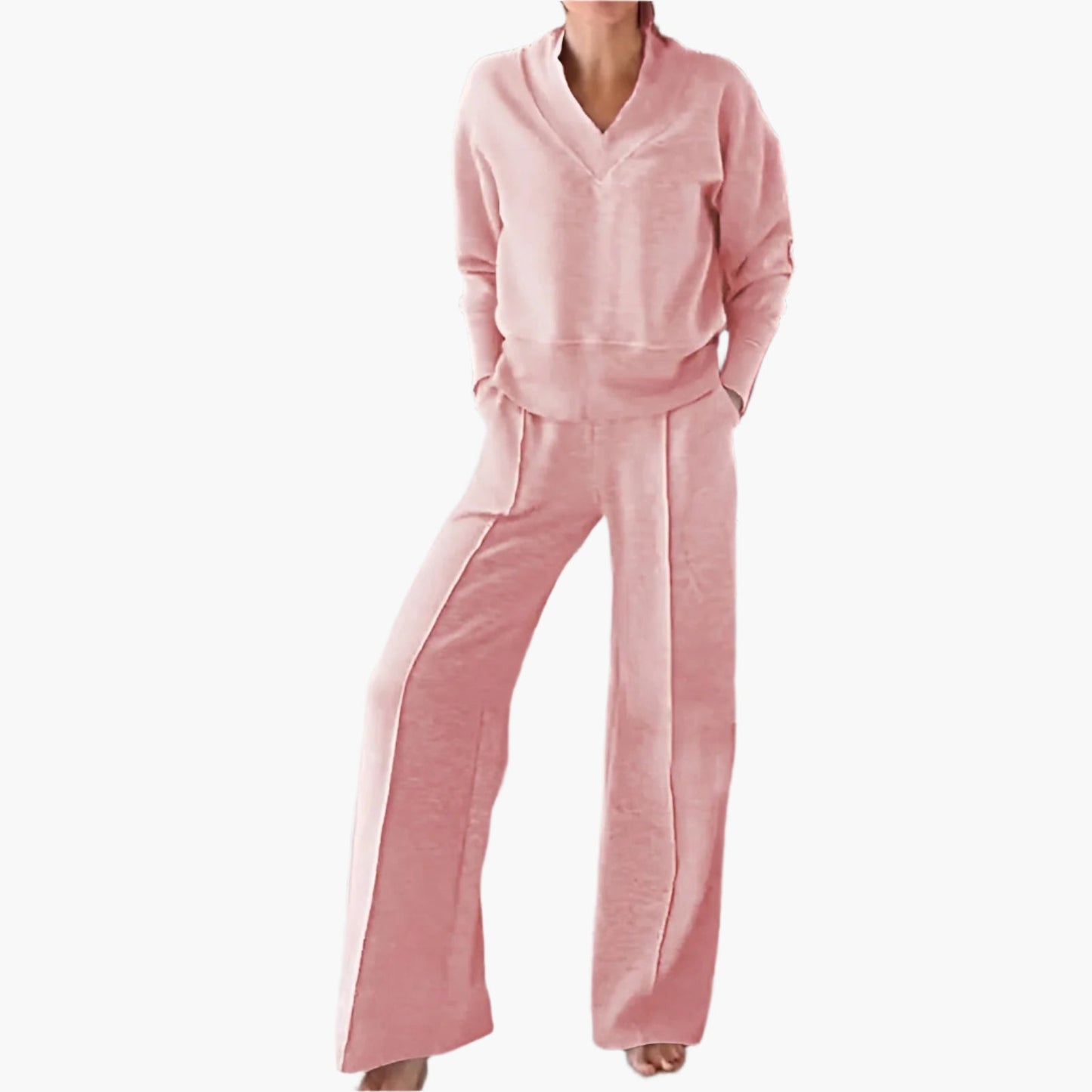Women's 2-Piece Lounge and Sportswear Set with V-Neck Top and Wide-Leg Pants – Casual Comfort Outfit