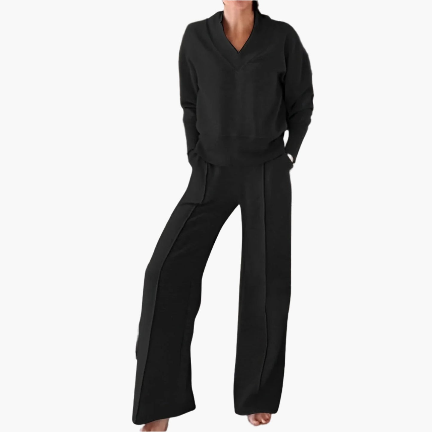 Women's 2-Piece Lounge and Sportswear Set with V-Neck Top and Wide-Leg Pants – Casual Comfort Outfit