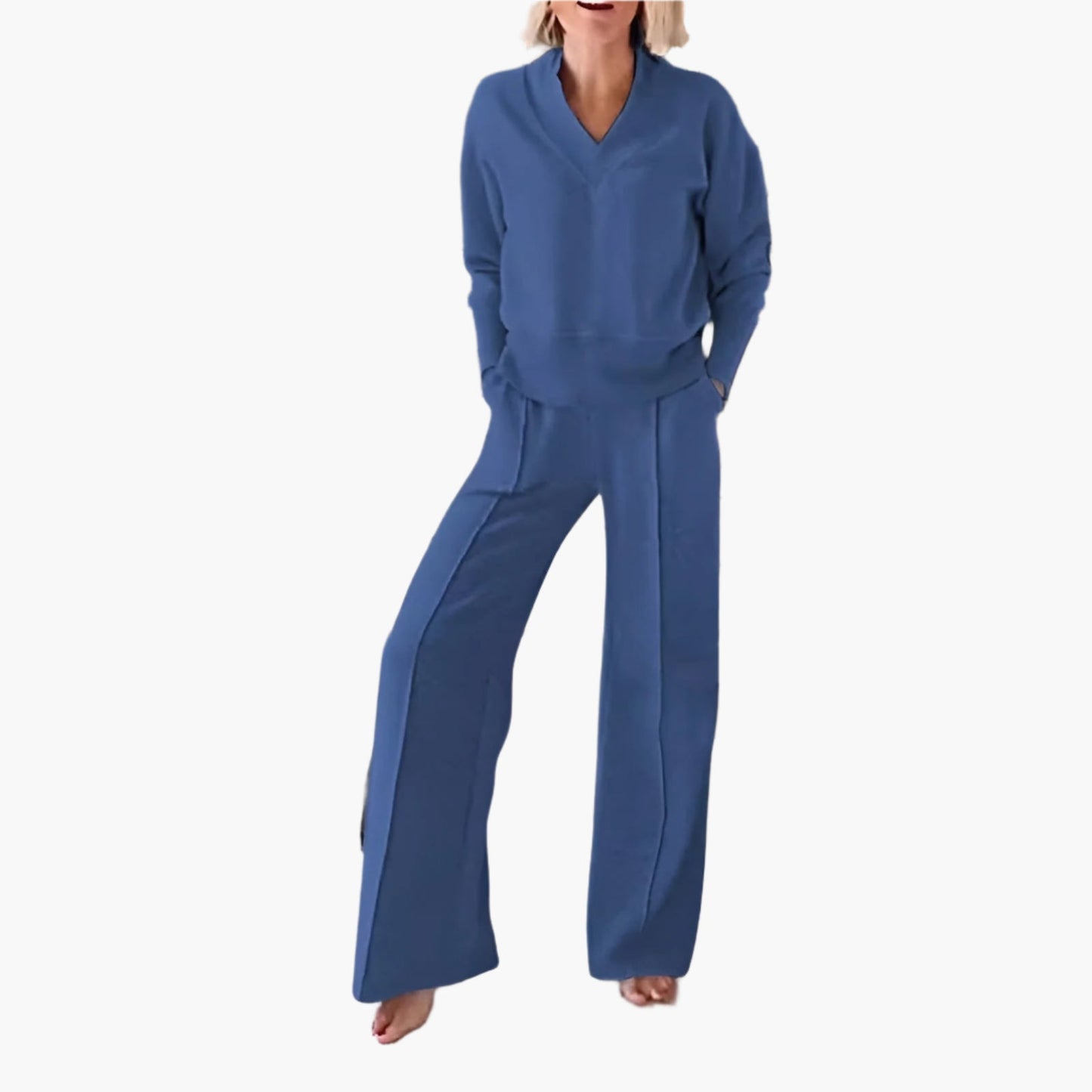 Women's 2-Piece Lounge and Sportswear Set with V-Neck Top and Wide-Leg Pants – Casual Comfort Outfit