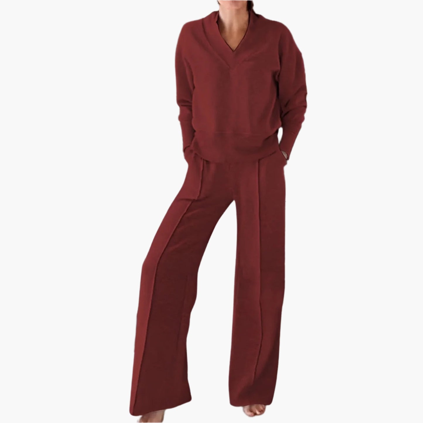 Women's 2-Piece Lounge and Sportswear Set with V-Neck Top and Wide-Leg Pants – Casual Comfort Outfit