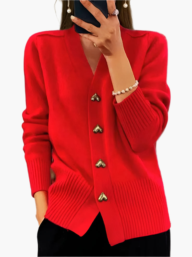 Women's Heart Button V-Neck Cardigan – Casual Elegant Style for Autumn and Winter