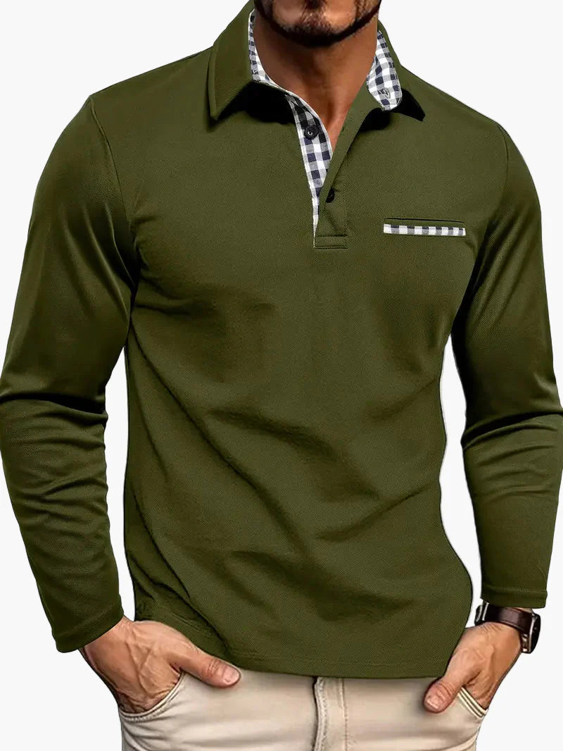 Men's Slim Fit Long Sleeve Polo Shirt with Plaid Accent – Casual & Smart Style