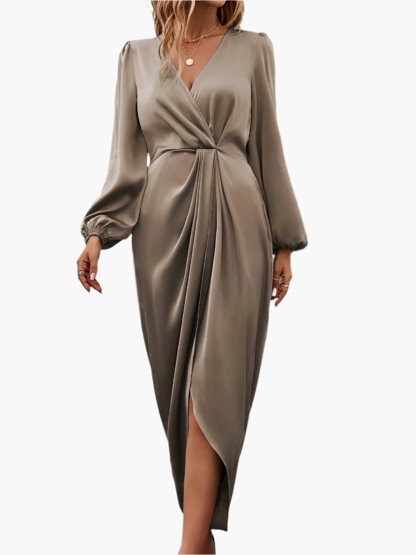 Women's Elegant Ruched Waist Formal Wrap Dress – Long Sleeve Cocktail & Evening Gown