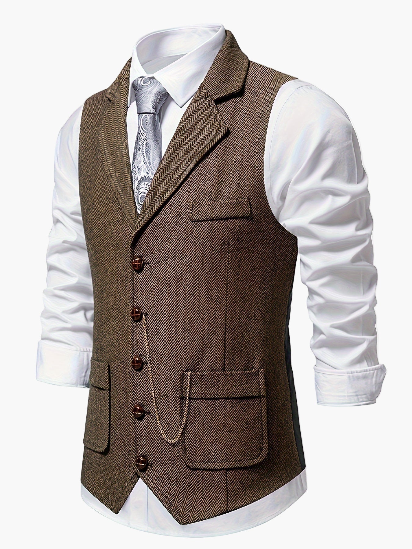 Men's Classic Herringbone Suit Vest with Notched Lapel – Formal & Vintage Style