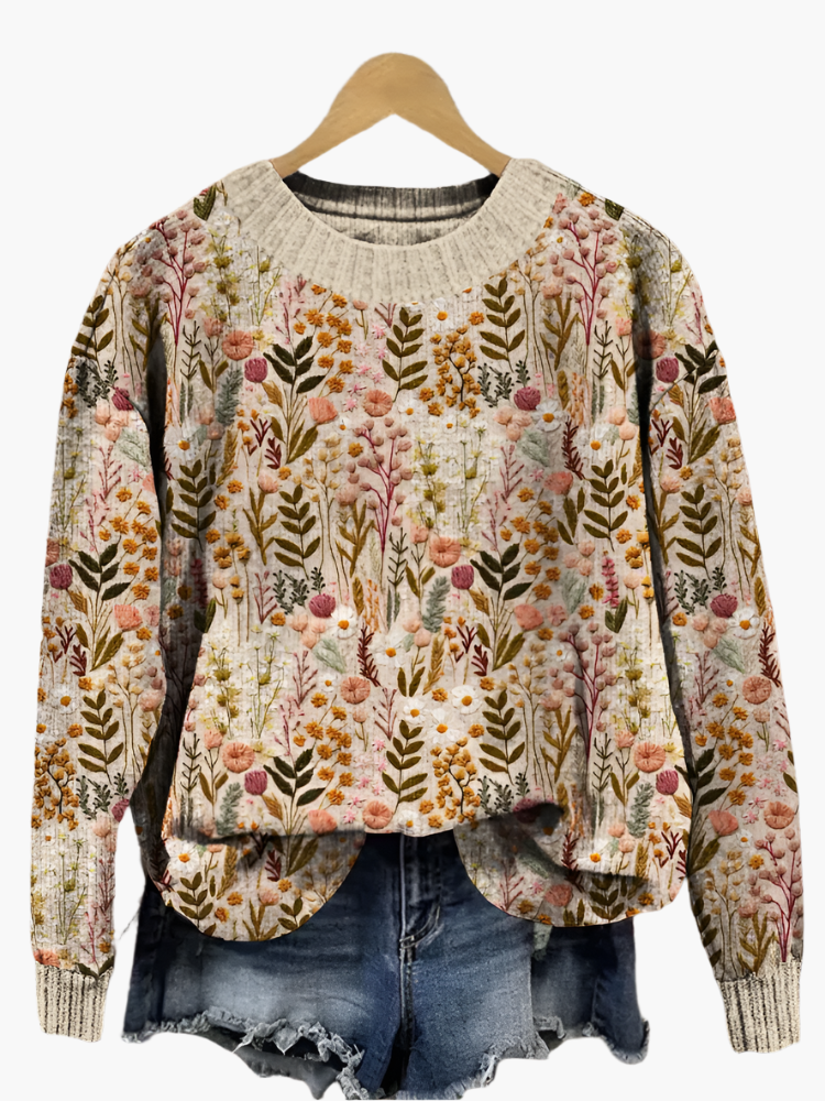 Women's Relaxed Fit Floral Pattern Casual Sweater Top