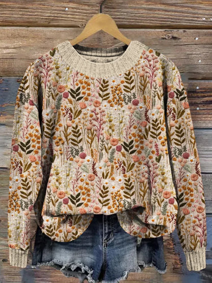 Women's Relaxed Fit Floral Pattern Casual Sweater Top