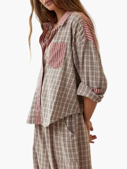 Women's Relaxed Fit Patchwork Pajama Set for Cozy Nights