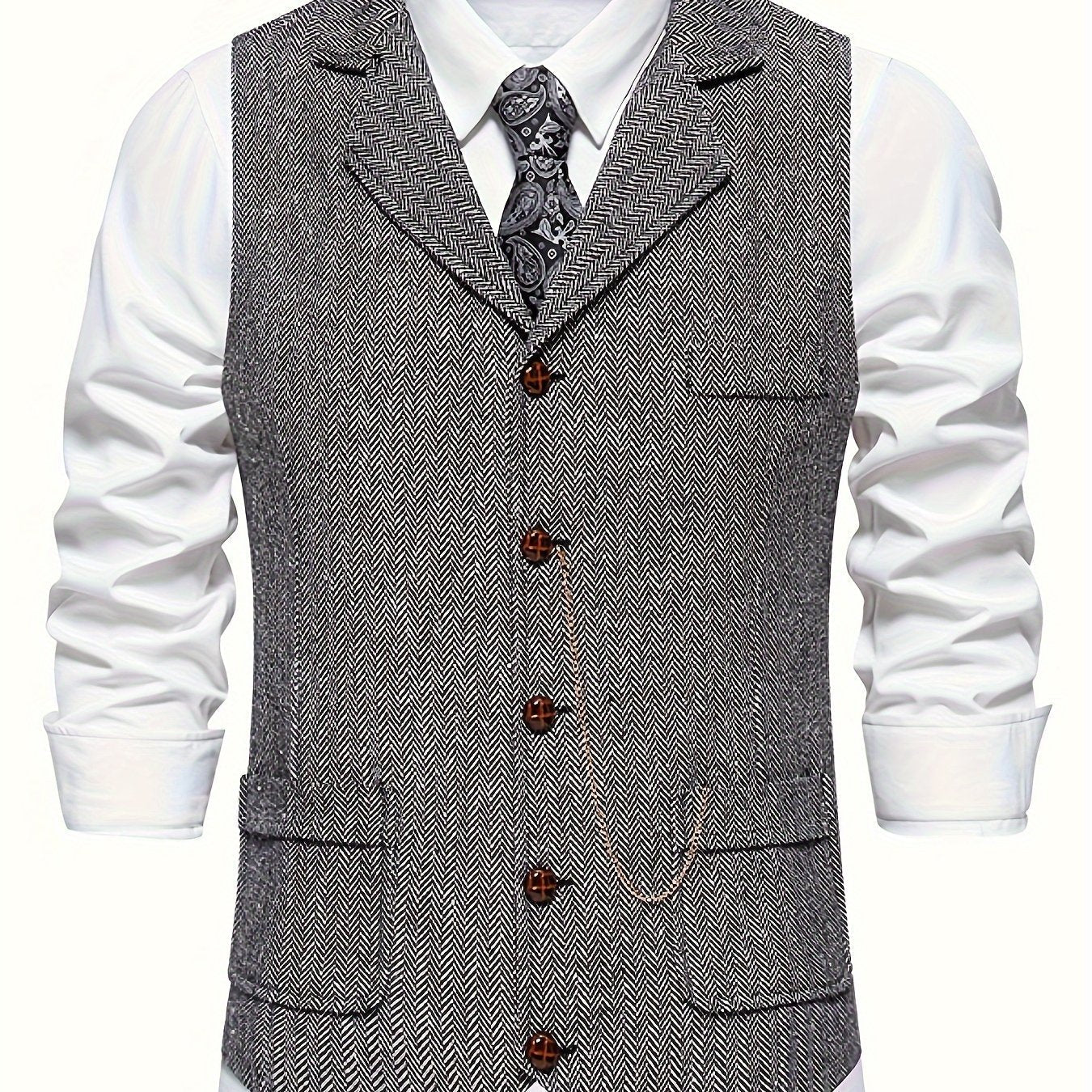 Men's Classic Herringbone Suit Vest with Notched Lapel – Formal & Vintage Style
