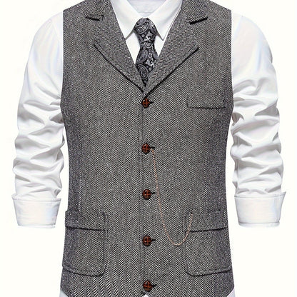 Men's Classic Herringbone Suit Vest with Notched Lapel – Formal & Vintage Style