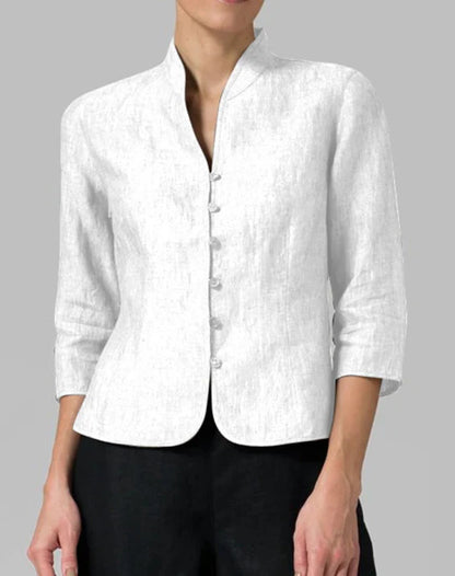Women's Classic Mandarin Collar Blazer – Elegant Minimalist 3/4 Sleeve Jacket for Professional and Casual Wear
