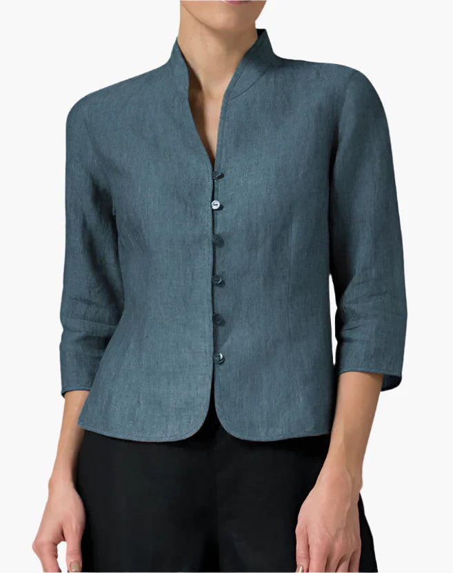 Women's Classic Mandarin Collar Blazer – Elegant Minimalist 3/4 Sleeve Jacket for Professional and Casual Wear