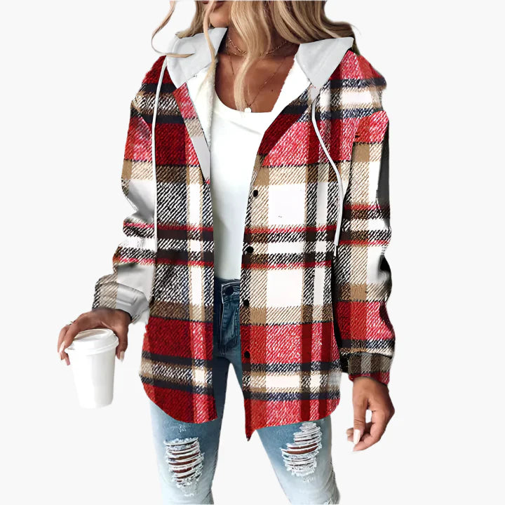 Women's Plaid Hooded Button-Up Shacket – Casual Fall Layering Jacket