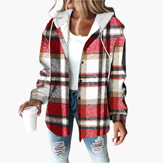 Women's Plaid Hooded Button-Up Shacket – Casual Fall Layering Jacket