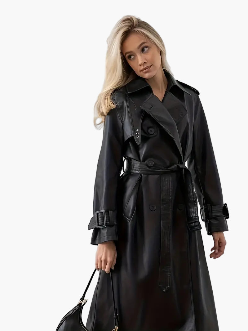 Women's Long Trench Coat with Wide Lapels and Waist Belt – Elegant Double-Breasted Style for Fall Winter