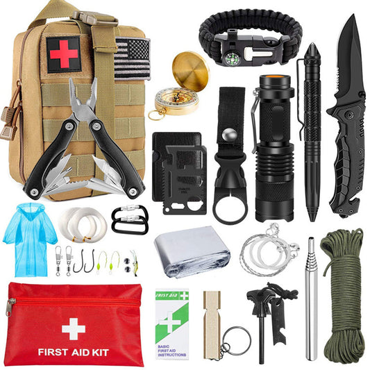 14-in-1 Survivalpakket met Tactisch Mes, Zaklamp, Kompas, EHBO en Meer – Outdoor Noodpakket voor Avonturiers