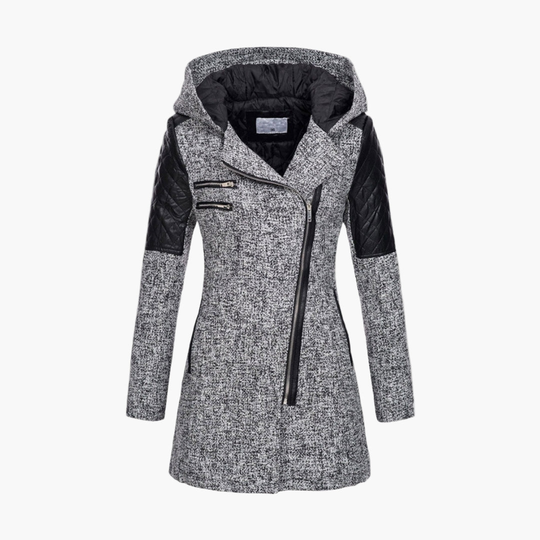 Women's Hooded Asymmetrical Zip Tweed Coat – Modern Winter Outerwear
