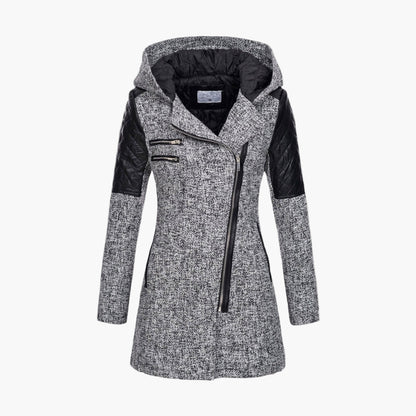 Women's Hooded Asymmetrical Zip Tweed Coat – Modern Winter Outerwear