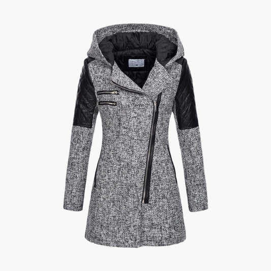 Women's Hooded Asymmetrical Zip Tweed Coat – Modern Winter Outerwear