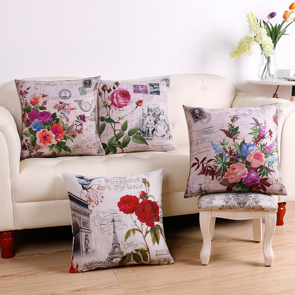 Odette – Retro Decoratieve Kussenhoes met Parijs Eiffel Toren en Bloemen