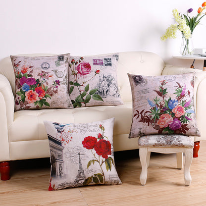 Odette – Retro Decoratieve Kussenhoes met Parijs Eiffel Toren en Bloemen