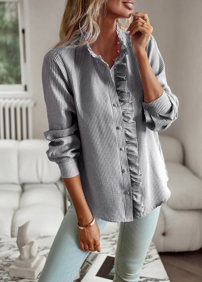 Women's Ruffle Button-Down Casual Shirt – Elegant Everyday Blouse