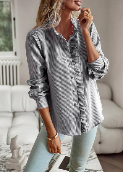 Women's Ruffle Button-Down Casual Shirt – Elegant Everyday Blouse