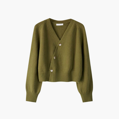 Women's V-Neck Skew Button Cardigan – Modern Asymmetric Style for Chic Layering