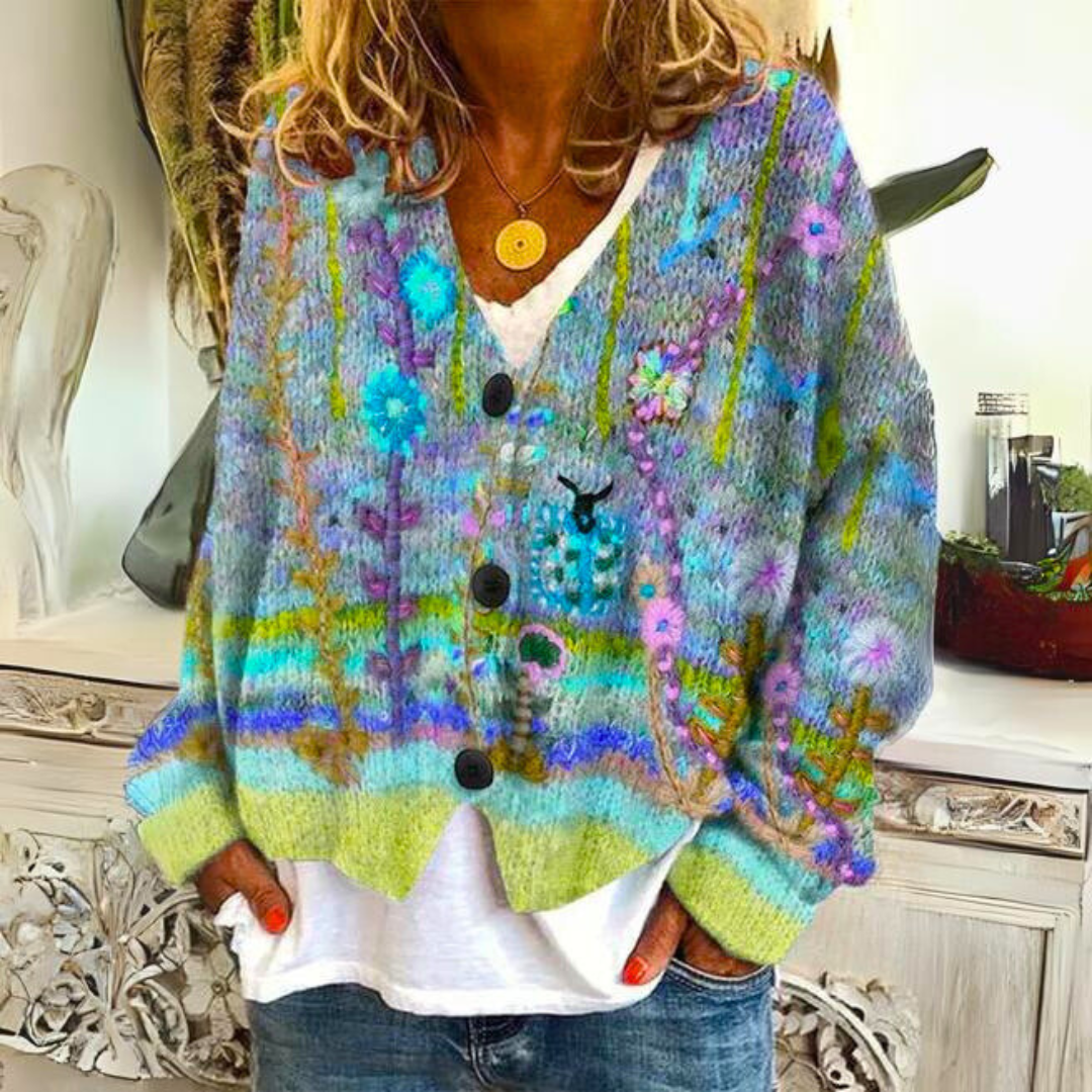 Women's Artistic Boho Knit Cardigan Sweater - Casual Colorful Button-Front Style
