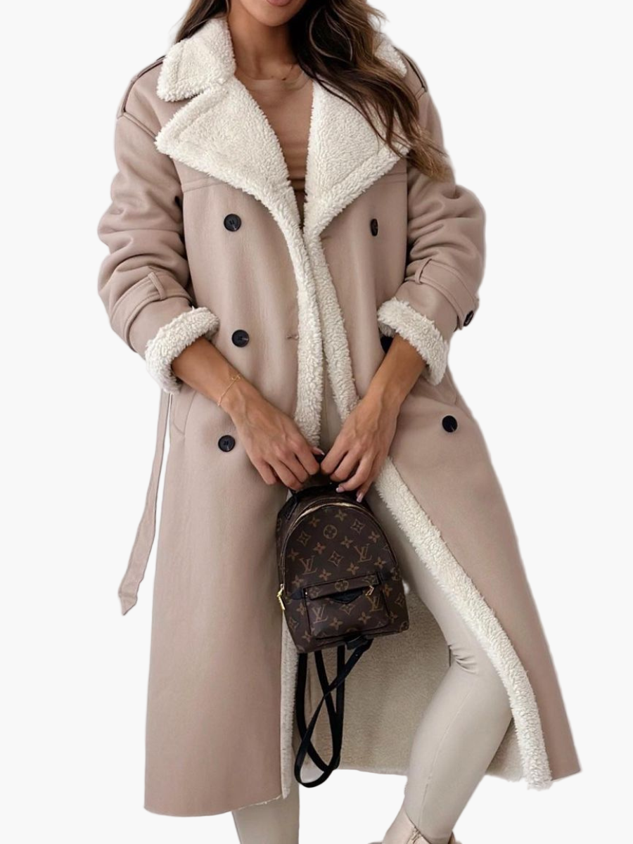 Women's Elegant Double-Breasted Long Coat with Faux Fur Collar – Chic Winter Outerwear