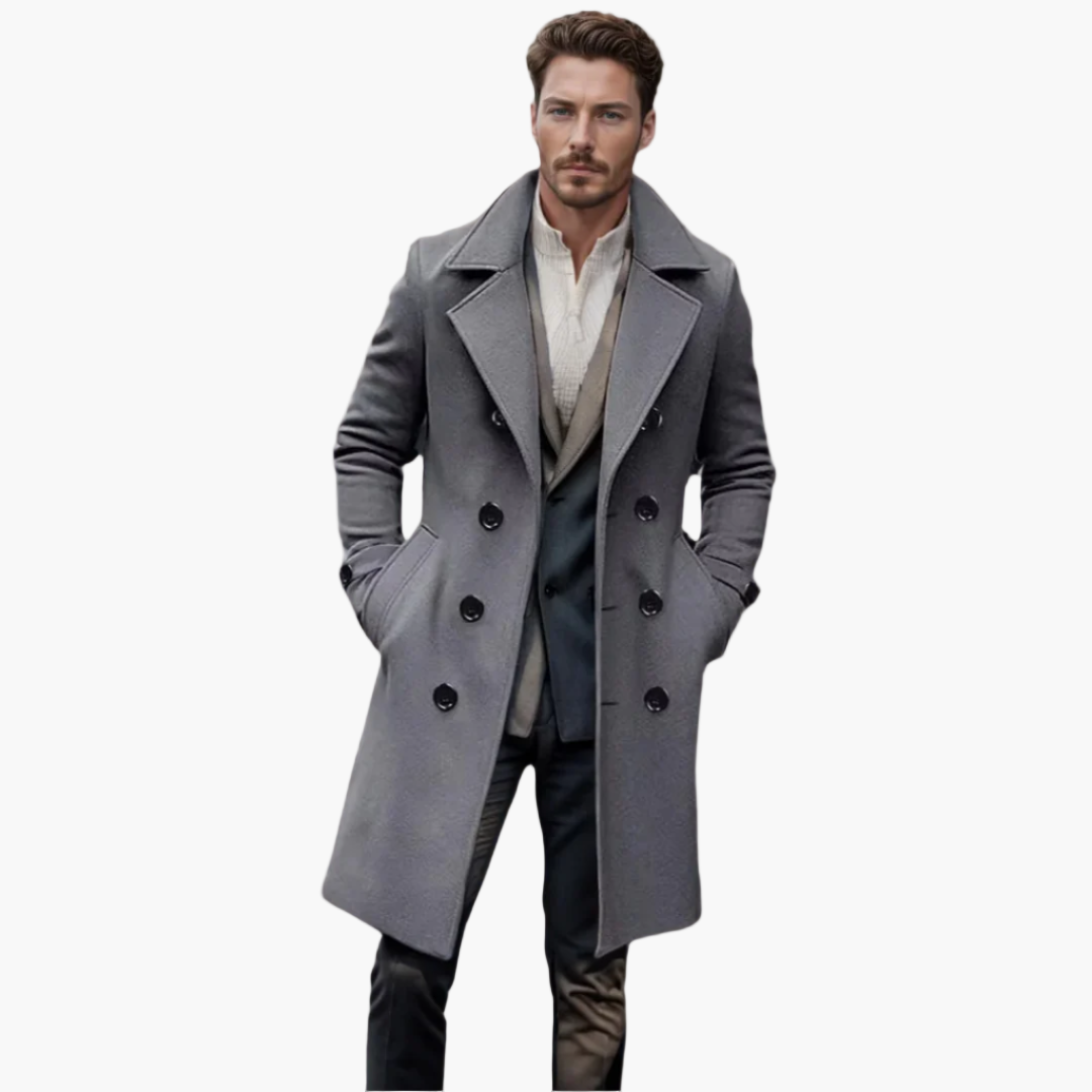 Men's Modern Double-Breasted Long Trench Coat for Business & Casual Style