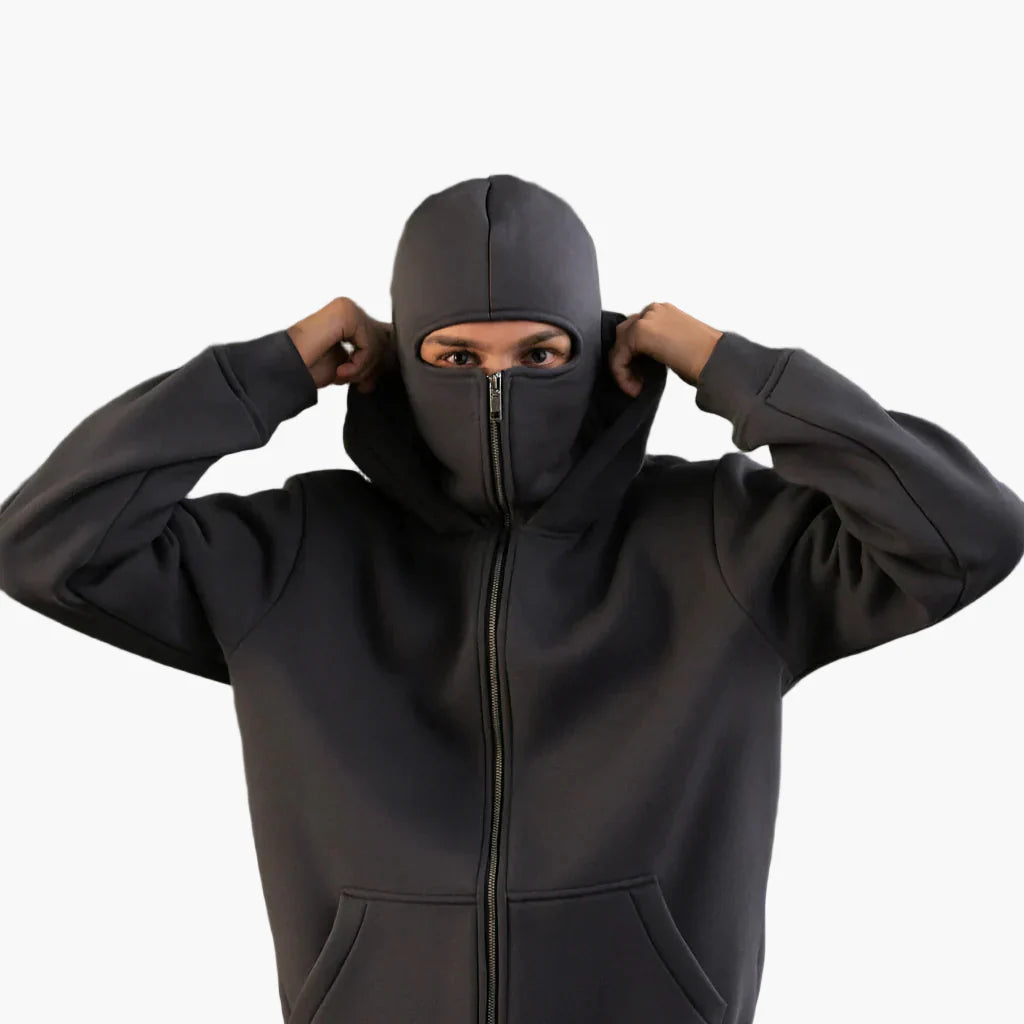 Men's Minimalist Full-Zip Hoodie with Integrated Face Cover – Urban Streetwear Style