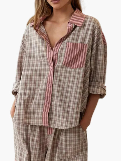 Women's Relaxed Fit Patchwork Pajama Set for Cozy Nights