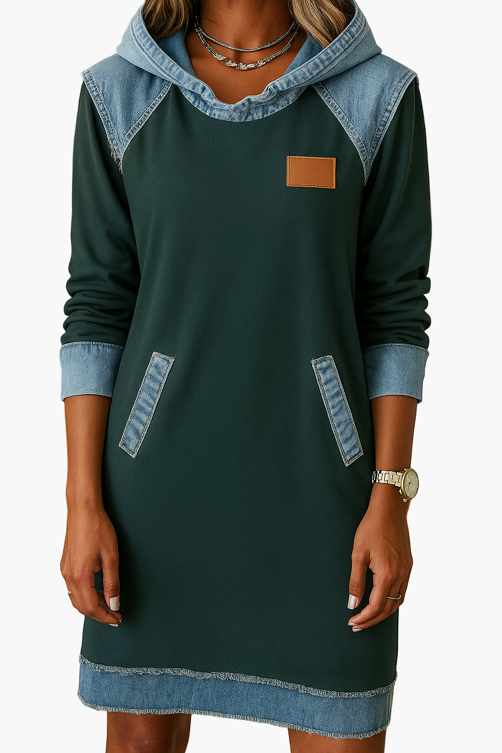 Women's Casual Denim Accent Hoodie Dress – Relaxed Everyday Wear