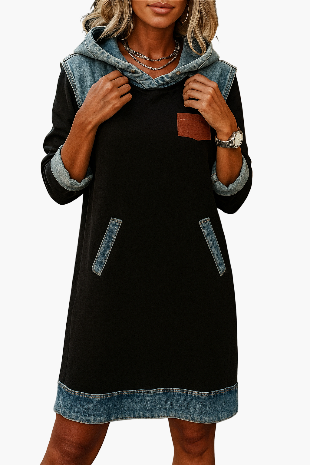 Women's Casual Denim Accent Hoodie Dress – Relaxed Everyday Wear