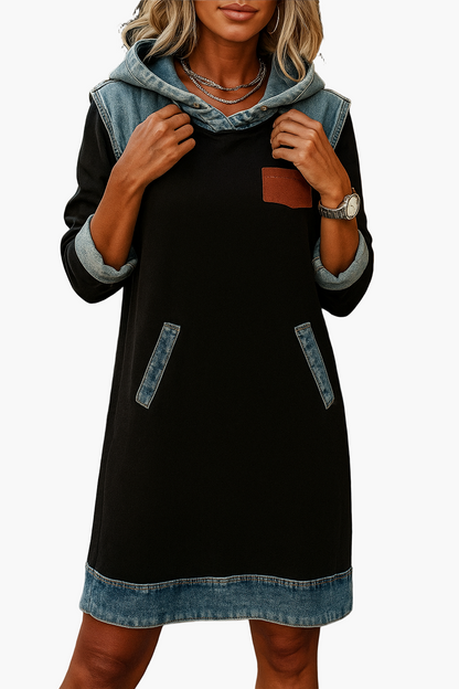 Women's Casual Denim Accent Hoodie Dress – Relaxed Everyday Wear